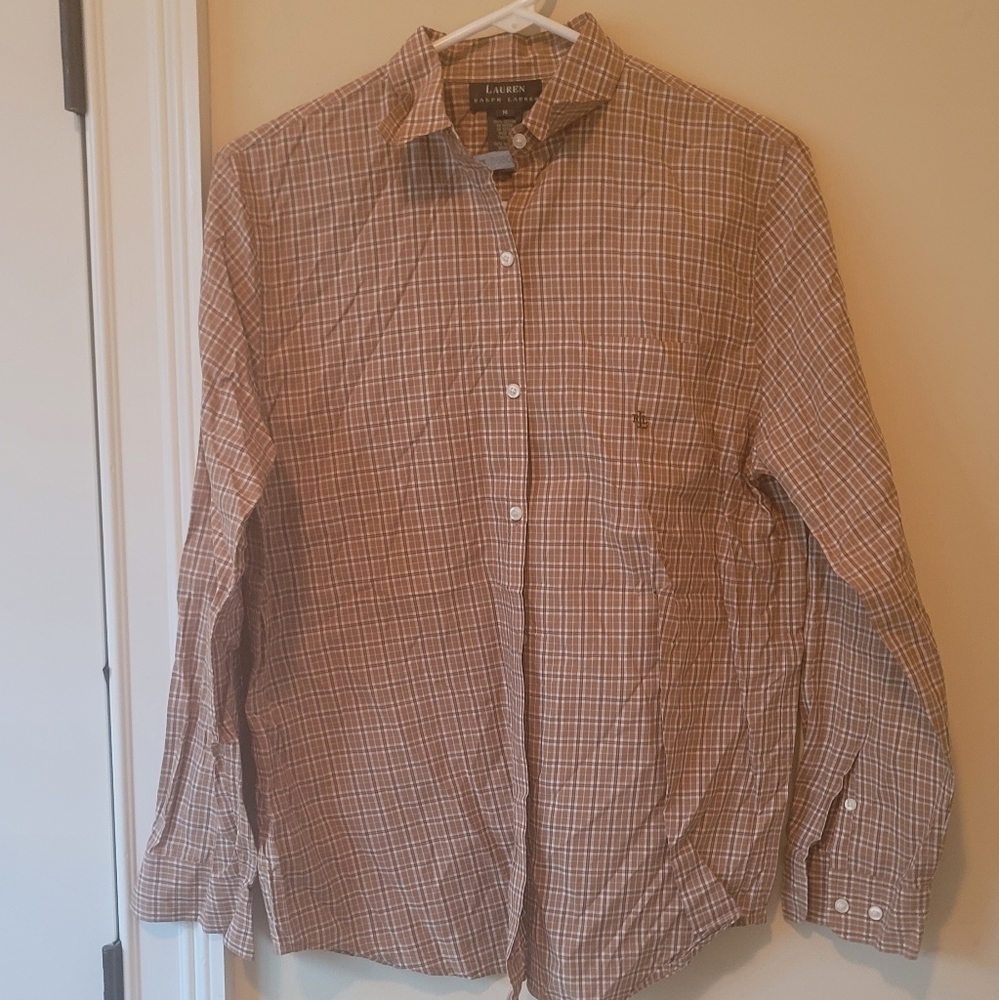 Ralph Lauren Brown Tan Beige Long Sleeve Cotton Logo Button Shirt Top Blouse